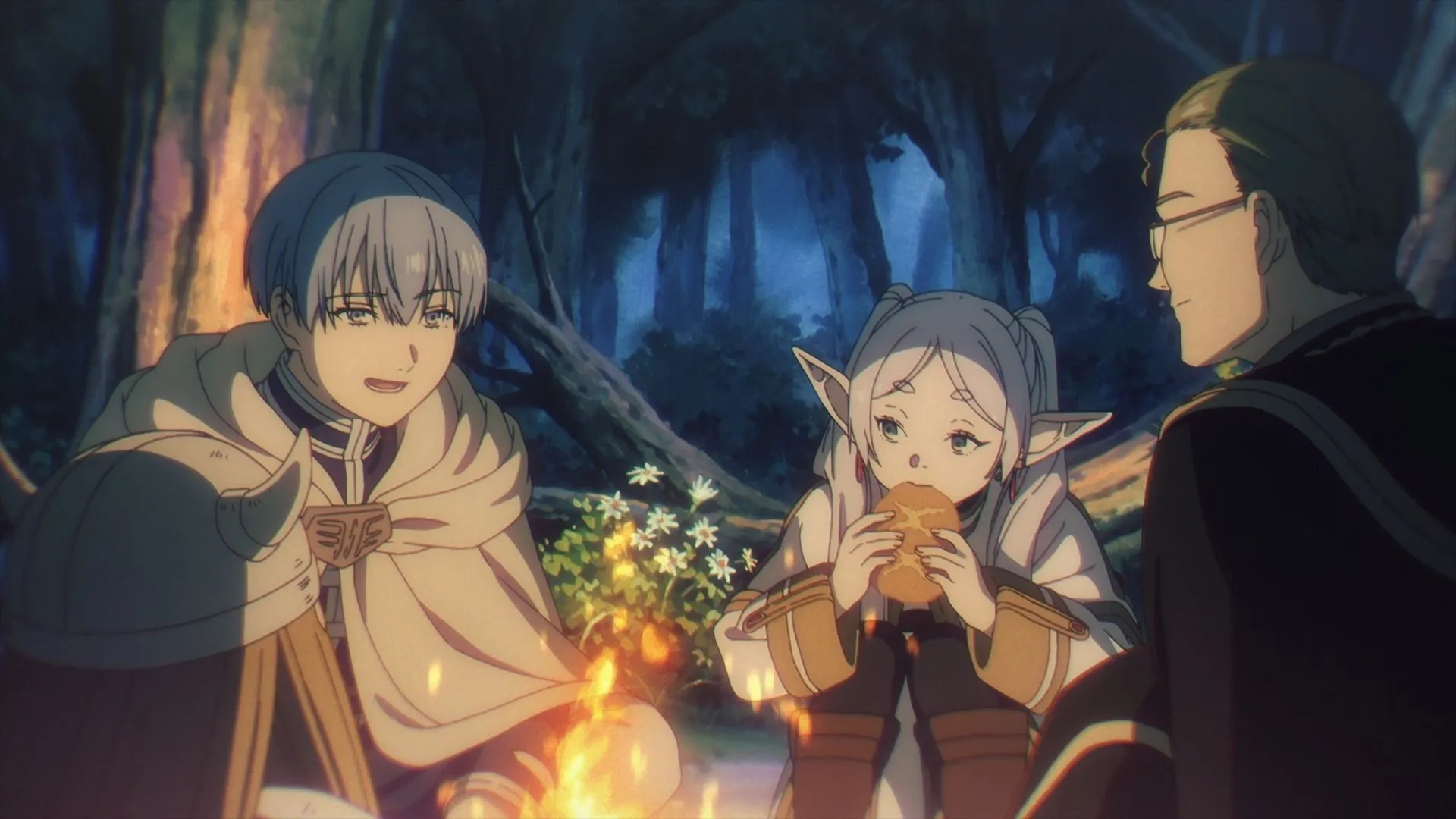 Frieren's Hero Party gathered by a campfire